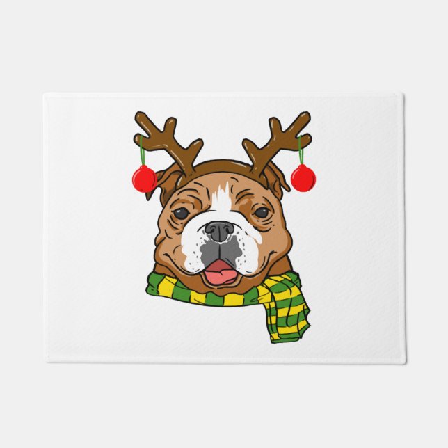 Bulldog Xmas Rendier Horns Hondenliefhebber Kerst Deurmat (Voorkant)