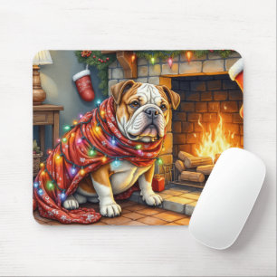 Bulldog zit naast open haard met kerstverlichting muismat