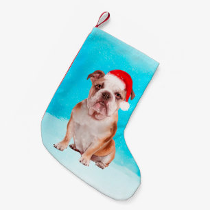 Bulldog Zittend in de sneeuw met Kerstmis Santa Ha Kleine Kerstsok