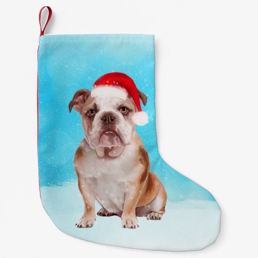 Bulldog Zittend in de sneeuw met Kerstmis Santa Ha Kleine Kerstsok (Voorkant)