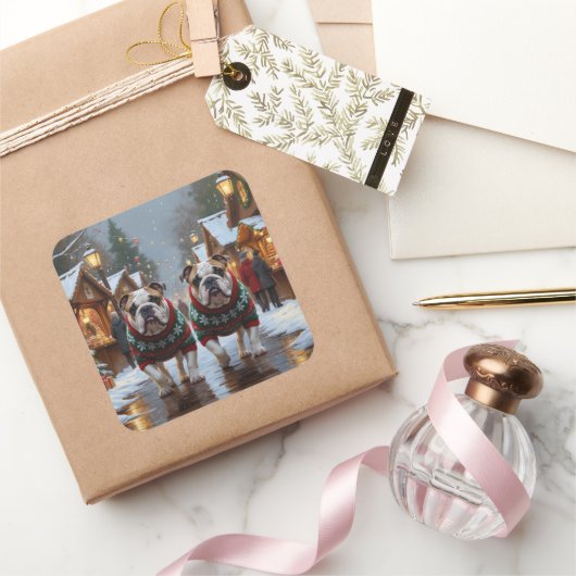 Bulldogs Christmas Snow Holiday Vierkante Sticker (Geschenken)