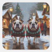 Bulldogs Christmas Snow Holiday Vierkante Sticker (Voorkant)
