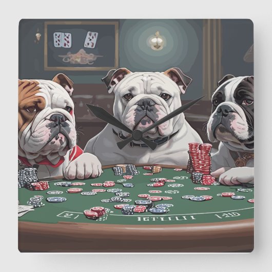 Bulldogs playing poker vierkante klok (Voorkant)
