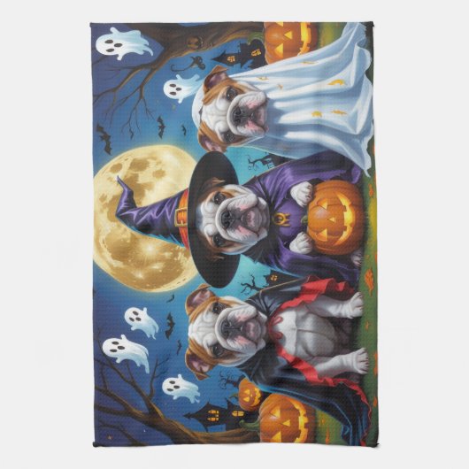 Bulldogs Pumpkin Halloween Grappig Theedoek (Verticaal)