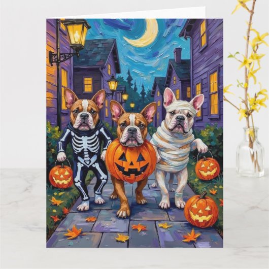 Bulldogs Trick-or-Treating in Halloween kostuums Kaart (Gele Bloem)