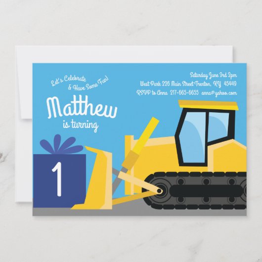 Bulldozer 1e Verjaardag uitnodigingen (Voorkant)