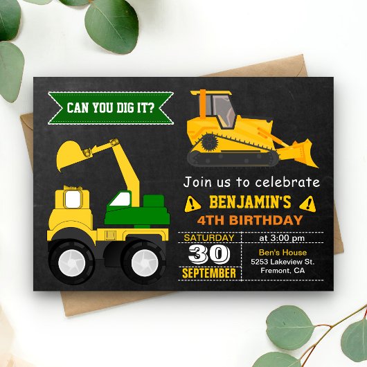 Bulldozer Construction Kids Birthday Party Invite Kaart