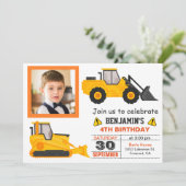 Bulldozer Construction Kids Birthday Photo Invite Kaart (Staand voorkant)