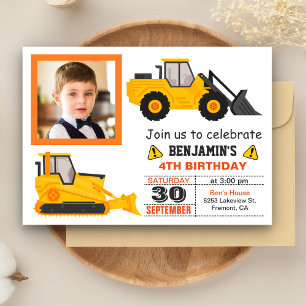 Bulldozer Construction Kids Birthday Photo Invite Kaart
