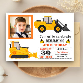 Bulldozer Construction Kids Birthday Photo Invite Kaart