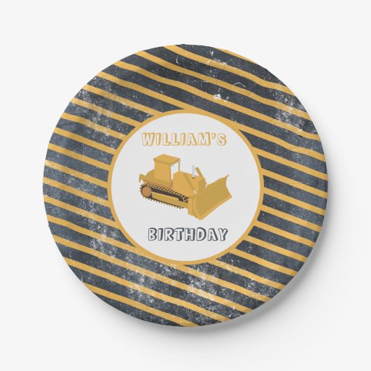 Bulldozer Construction Truck Birthday Boy Papieren Bordje (Voorkant)