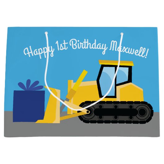 Bulldozer Cute 1st Birthday Party Construction Groot Cadeauzakje (Voorkant)
