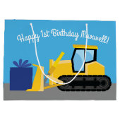 Bulldozer Cute 1st Birthday Party Construction Groot Cadeauzakje (Achterkant)