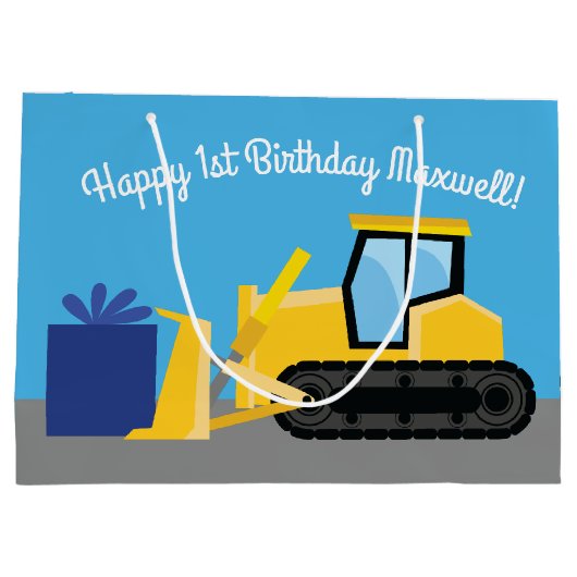 Bulldozer Cute 1st Birthday Party Construction Groot Cadeauzakje (Achterkant)
