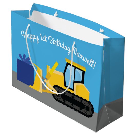 Bulldozer Cute 1st Birthday Party Construction Groot Cadeauzakje (Achterkant Gekanteld)