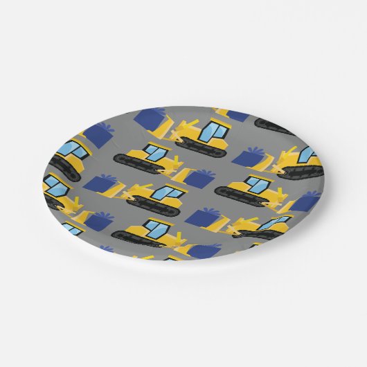 Bulldozer Cute 1st Birthday Party Construction Papieren Bordje (Gekanteld)