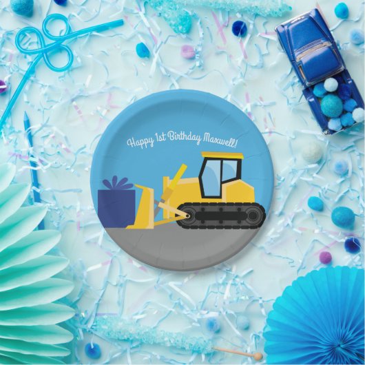Bulldozer Cute 1st Birthday Party Construction Papieren Bordje (Feest)