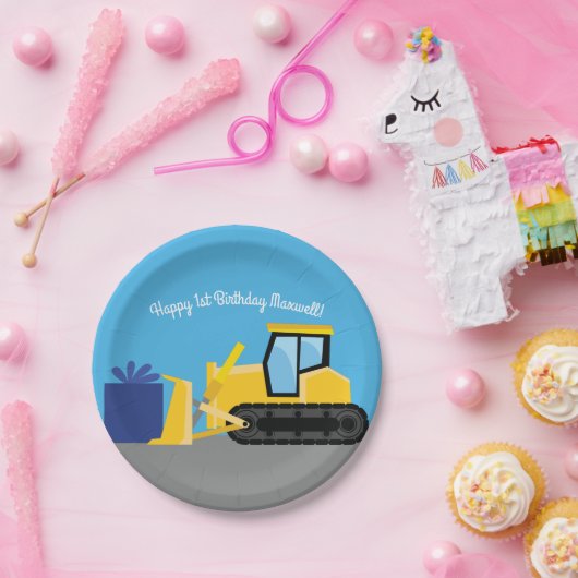 Bulldozer Cute 1st Birthday Party Construction Papieren Bordje (Feest)