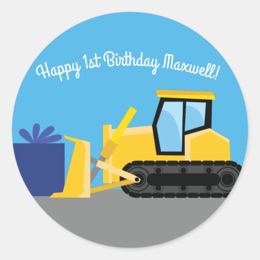 Bulldozer Cute 1st Birthday Party Construction Ronde Sticker (Voorkant)
