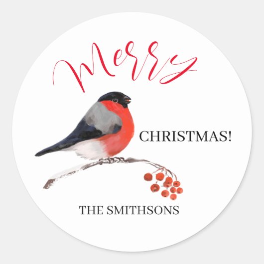 Bullfinch and red Rowan berries, Merry Christmas! Ronde Sticker (Voorkant)