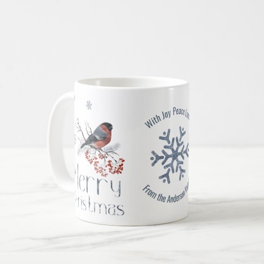 Bullfinch Bird Red Berries Merry Kerstry Koffiemok (Voorkant links)