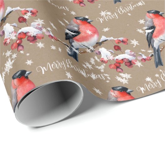 Bullfinch Bird Sneeuwrode bessen Vrolijk Kerstfees Cadeaupapier (Rol Hoek)