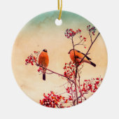Bullfinch eet rode rowanbessen keramisch ornament (Voorkant)