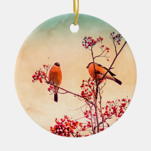 Bullfinch eet rode rowanbessen keramisch ornament (Voorkant)