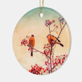 Bullfinch eet rode rowanbessen keramisch ornament (Links)