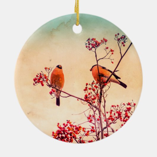 Bullfinch eet rode rowanbessen keramisch ornament (Achterkant)