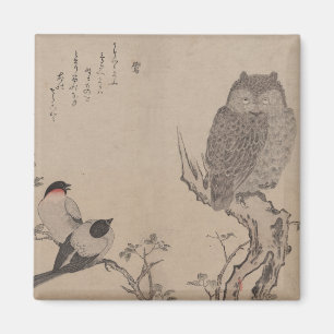 Bullfinch en gehoornde uil - Kitagawa Utamaro Magneet