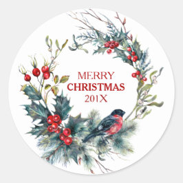 Bullfinch & Kerstmis holly krans Ronde Sticker