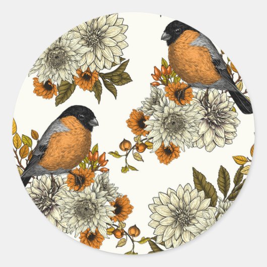 Bullfinch on autumn florals 2 ronde sticker (Voorkant)