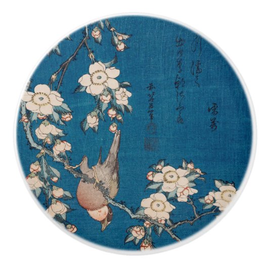 Bullfinch op een Weping Cherry Branch van Hokusai Keramische Knop (Voorkant)