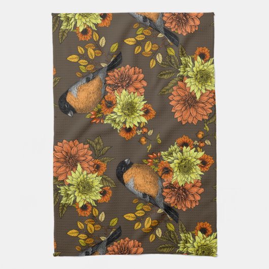 Bullfinch op herfstfloralen theedoek (Verticaal)