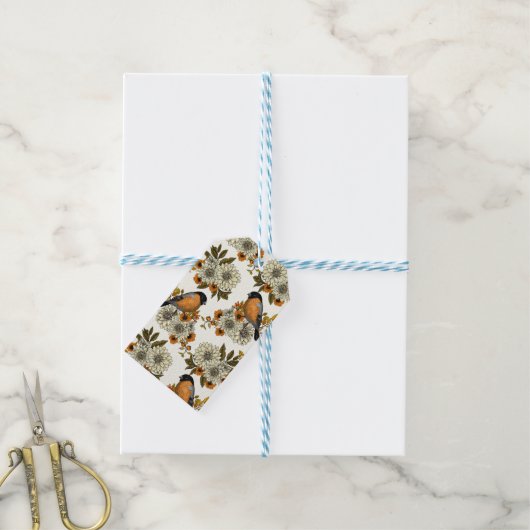 Bullfinch op herfstflorals 2 cadeaulabel (Met Touw)