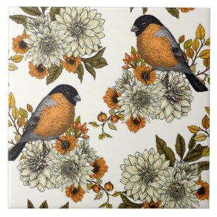 Bullfinch op herfstflorals 2 tegeltje
