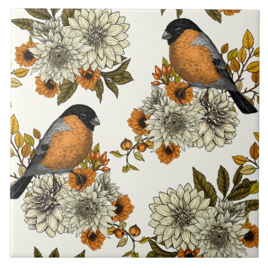 Bullfinch op herfstflorals 2 tegeltje (Voorkant)