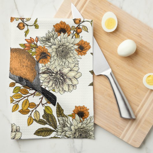 Bullfinch op herfstflorals 2 theedoek (Quarter Fold)