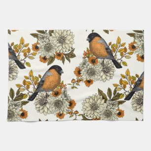 Bullfinch op herfstflorals 2 theedoek