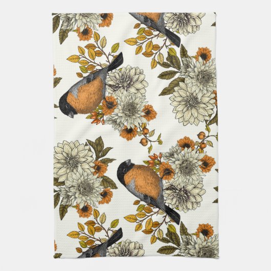 Bullfinch op herfstflorals 2 theedoek (Verticaal)