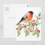Bullfinch op holly branch op sneeuwpostkaart briefkaart (Voorkant / Achterkant)