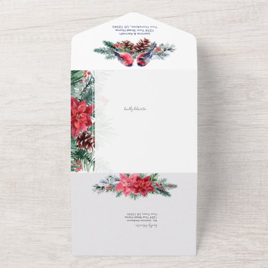 Bullfinch, Poinsettia, Pine Winter Wedding All In One Uitnodiging (Buitenkant)