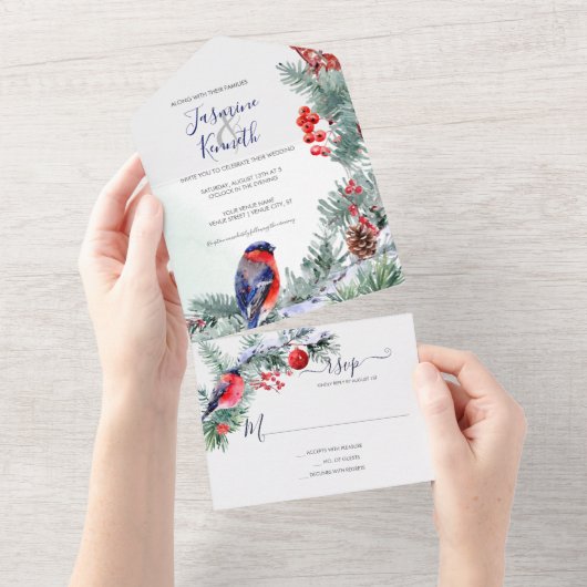 Bullfinch, Poinsettia, Pine Winter Wedding All In One Uitnodiging (Afscheurbaar)