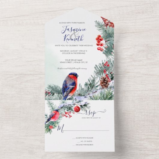 Bullfinch, Poinsettia, Pine Winter Wedding All In One Uitnodiging (Binnen)