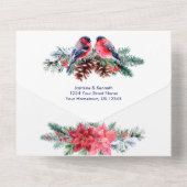 Bullfinch, Poinsettia, Pine Winter Wedding All In One Uitnodiging (Achterkant)