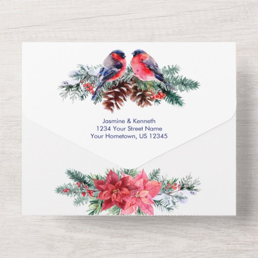 Bullfinch, Poinsettia, Pine Winter Wedding All In One Uitnodiging (Achterkant)