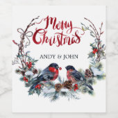Bullfinches Krans Mistletoe- Vrolijk Kerstfeest Wijn Etiket (Enkel label)