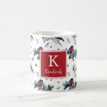 Bullfinches Persoonlijke Mok voor feestdagen<br><div class="desc">Een handgeschilderd ontwerp met bulgfinches,  takken,  dennenconen en bessen. Eenvoudig aan te passen met je eigen monogram! Het maakt een geweldig kerstcadeau!</div>