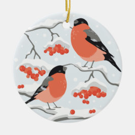 Bullfines op rowantakken keramisch ornament